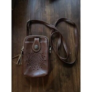 Aphison Leather Crossbody Purse Brown Floral Cutout Cellphone Wallet Womens